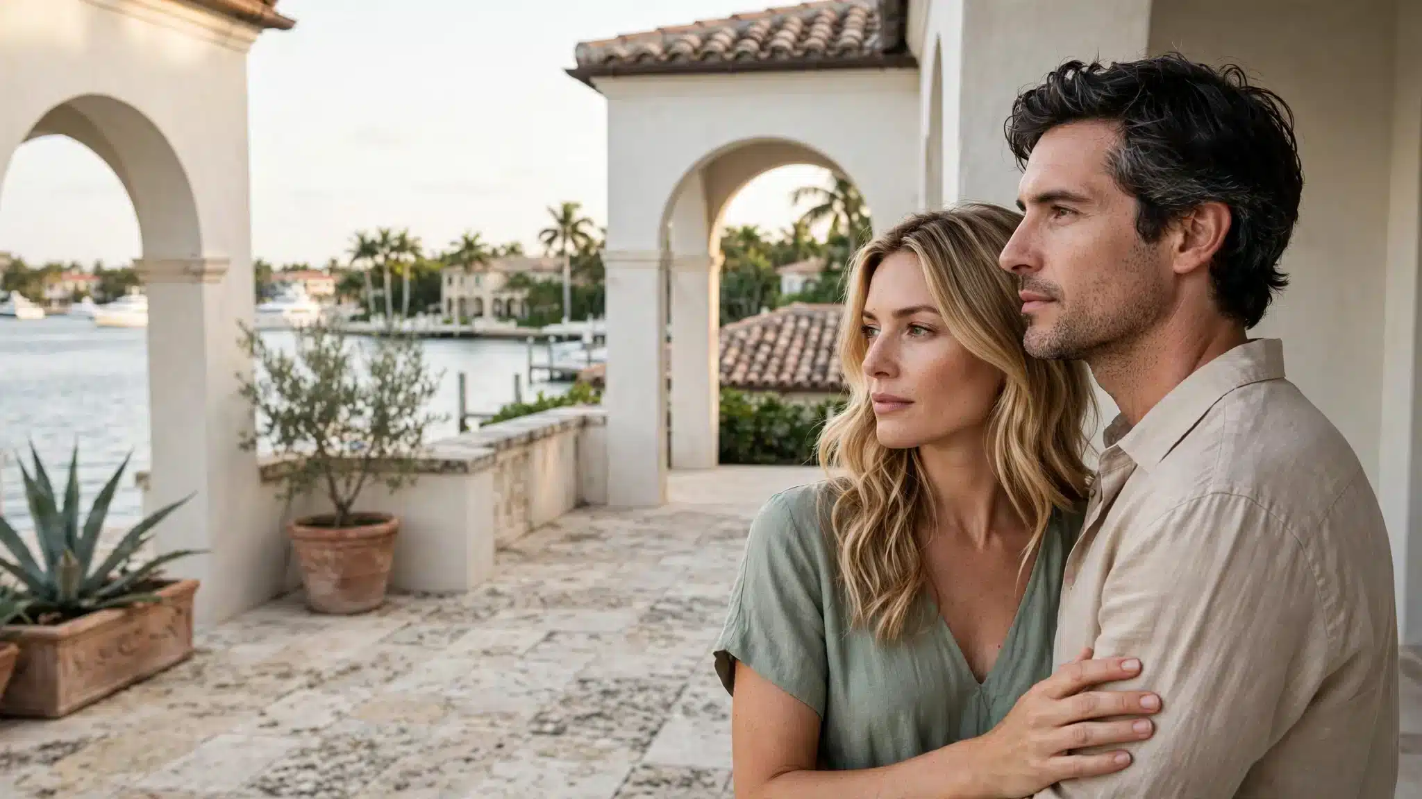 Affluent couple on a private Palm Beach waterfront terrace at golden hour