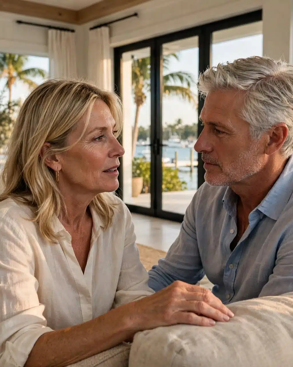Couple in their early fifties talking on a sofa in a bright South Florida living room overlooking the water