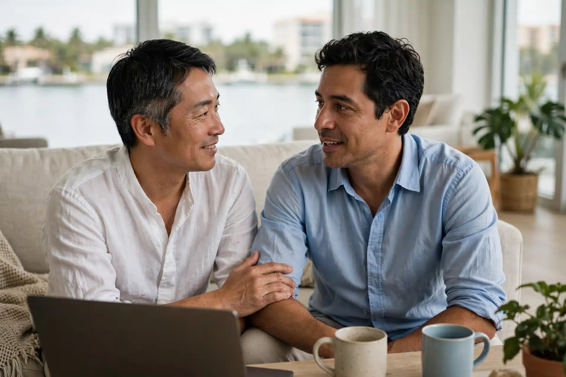 Japanese American man and Latino man in their early forties talking on a sofa in a bright West Palm Beach condo