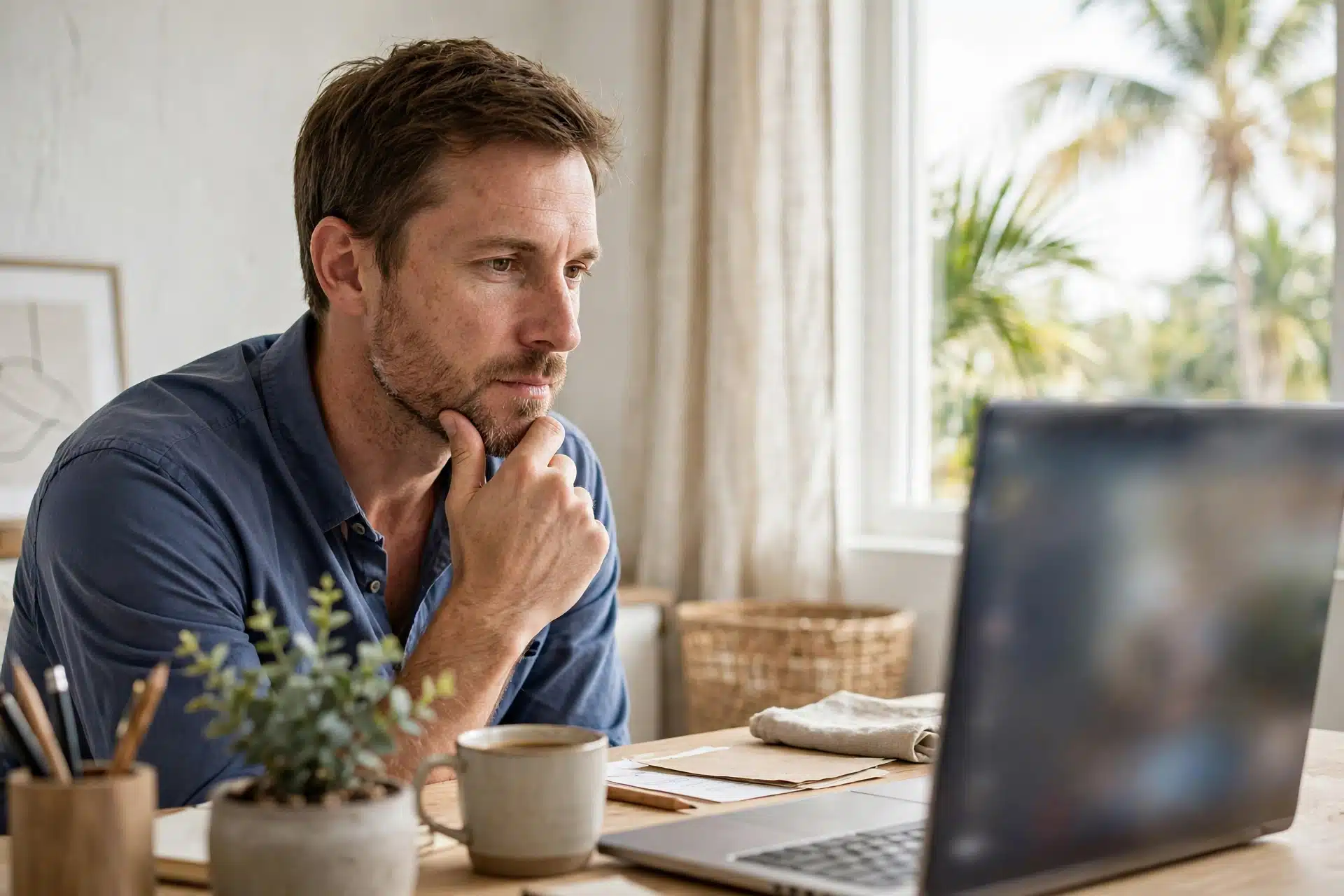 Man in his late thirties in a video therapy session from a bright South Florida home office