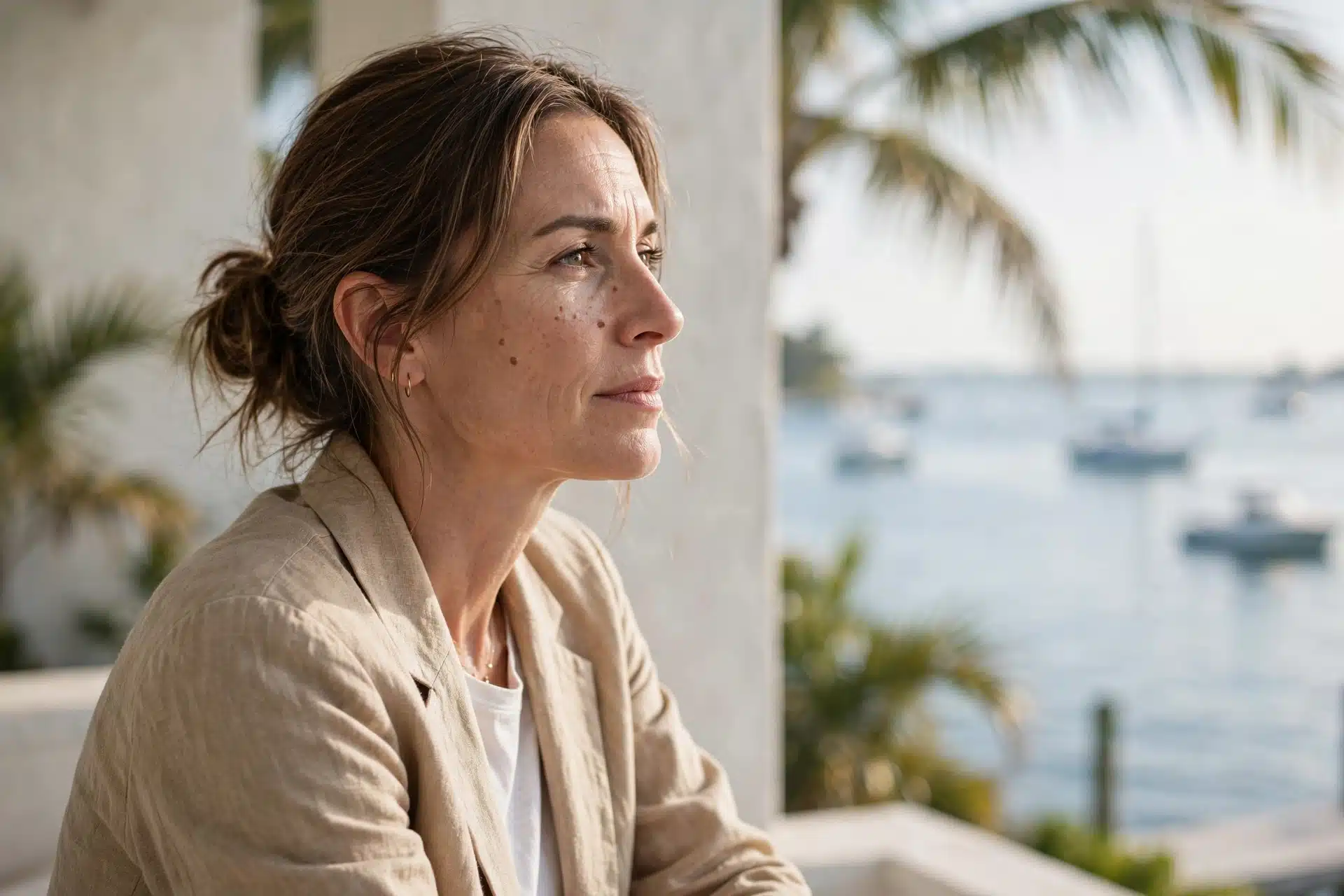 Professional woman in her early forties looking out over the water from a South Florida terrace