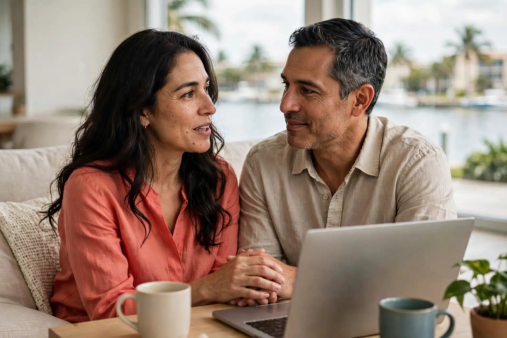 Latino couple in their early forties talking on a sofa in a bright West Palm Beach condo