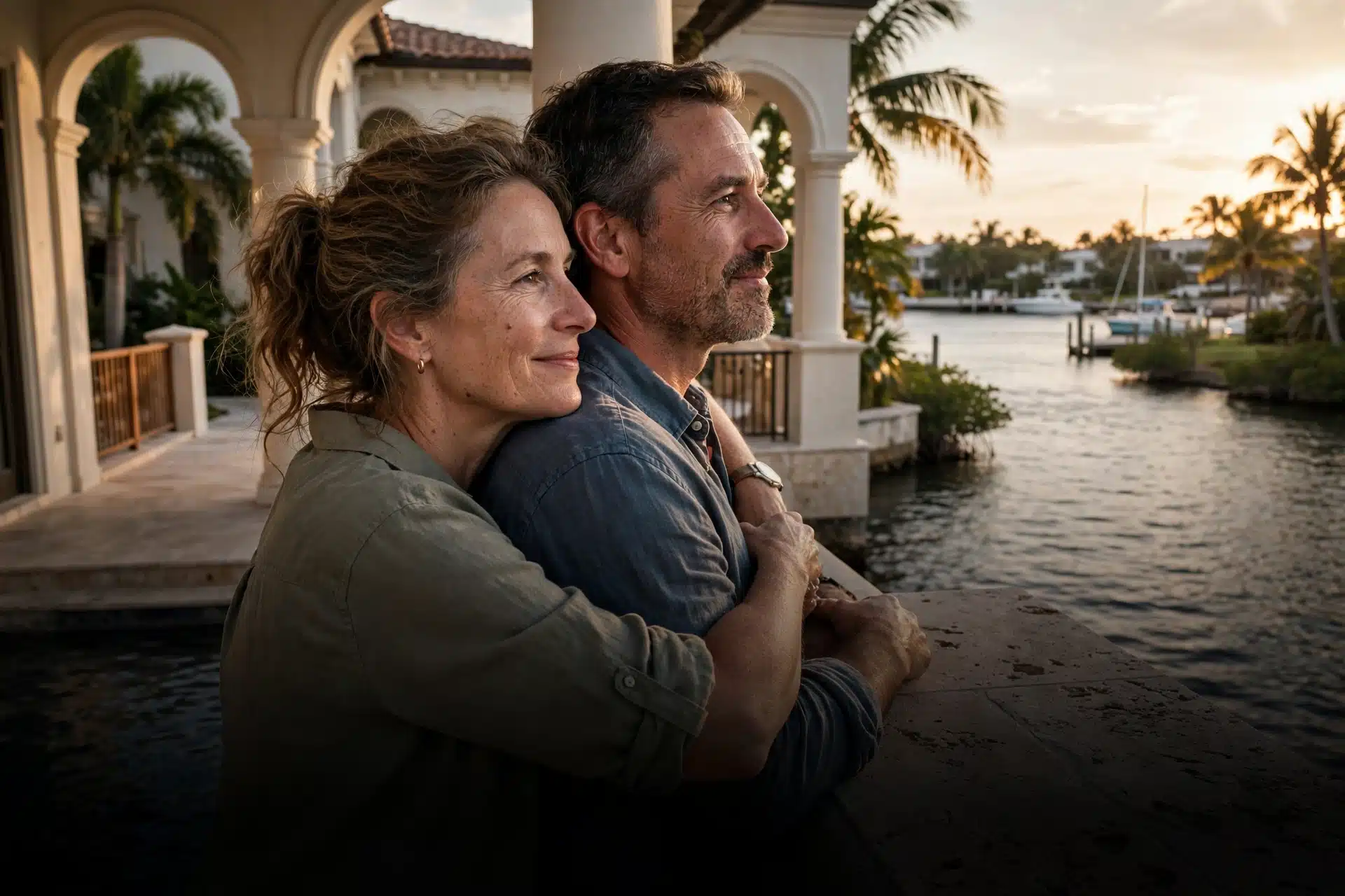 Couple embracing on a luxury South Florida waterfront terrace at golden hour