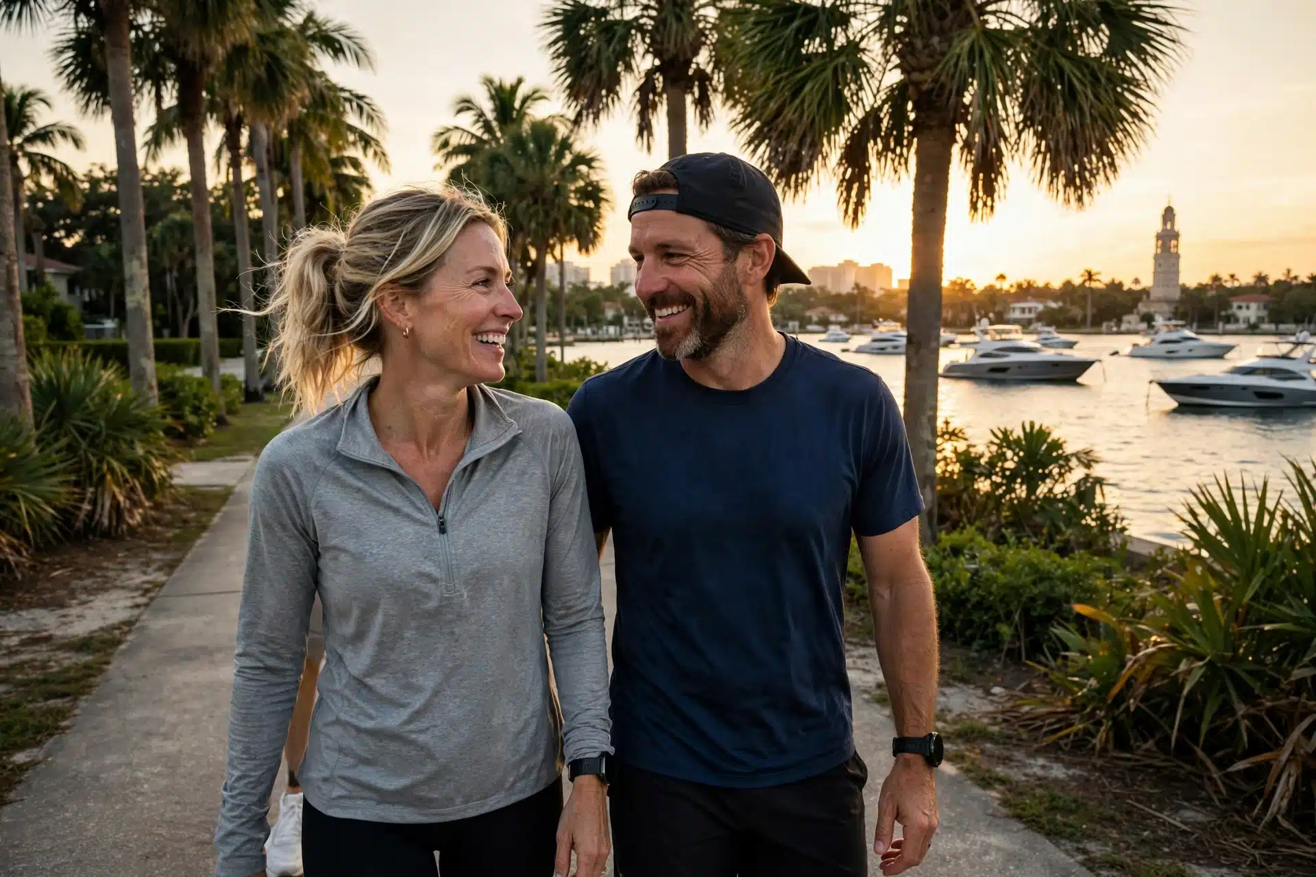 Young couple walking together on Palm Beach's Lake Trail at sunrise beside the Intracoastal Waterway with yachts